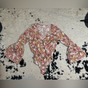 Peach Love California Women’s Pink Floral Bell Sleeve V Neck Boho Bodysuit